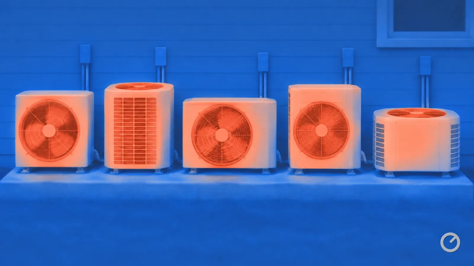 Thermal-toned row of five unbranded outdoor condenser units on a concrete pad