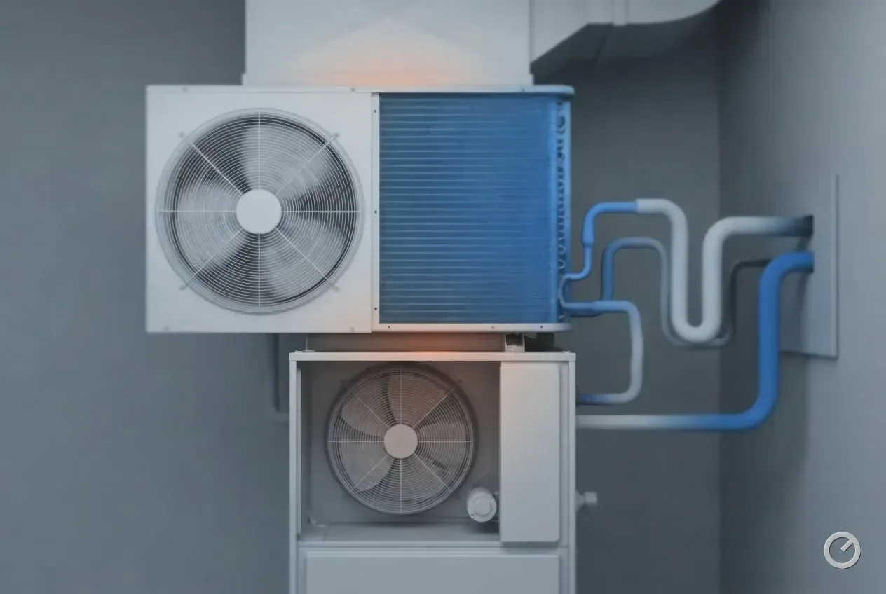 Thermal-toned outdoor condenser and a second fan unit joined by a run of line set