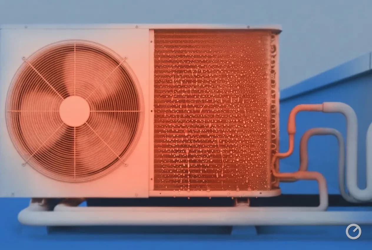 Thermal-toned outdoor coil at the end of a defrost cycle, meltwater running down the fins
