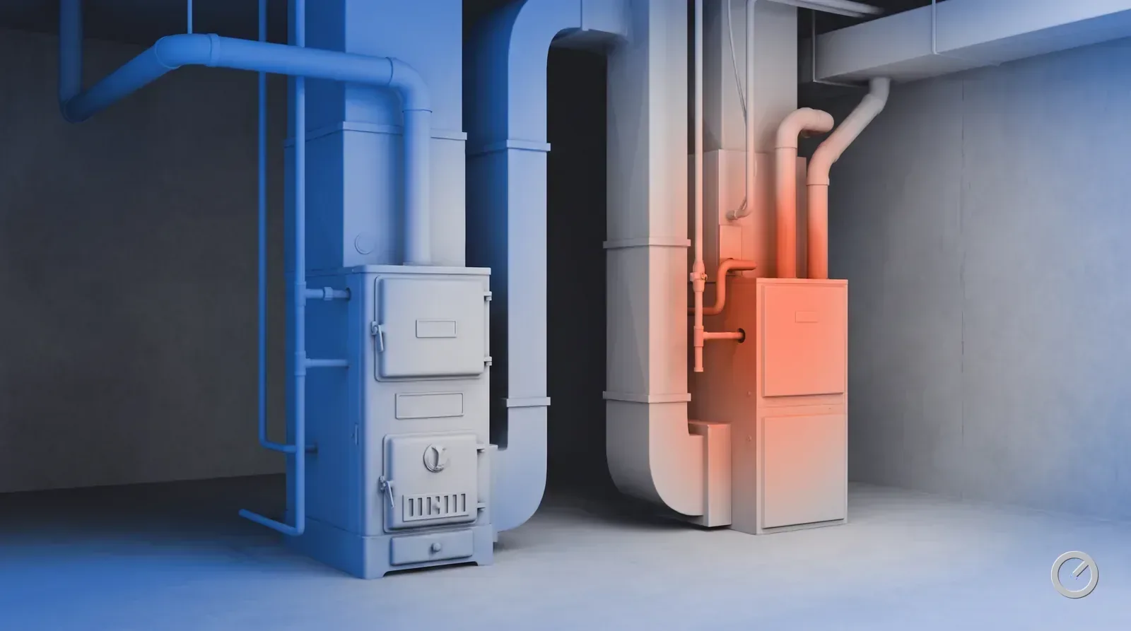 Thermal-toned old and new furnaces side by side