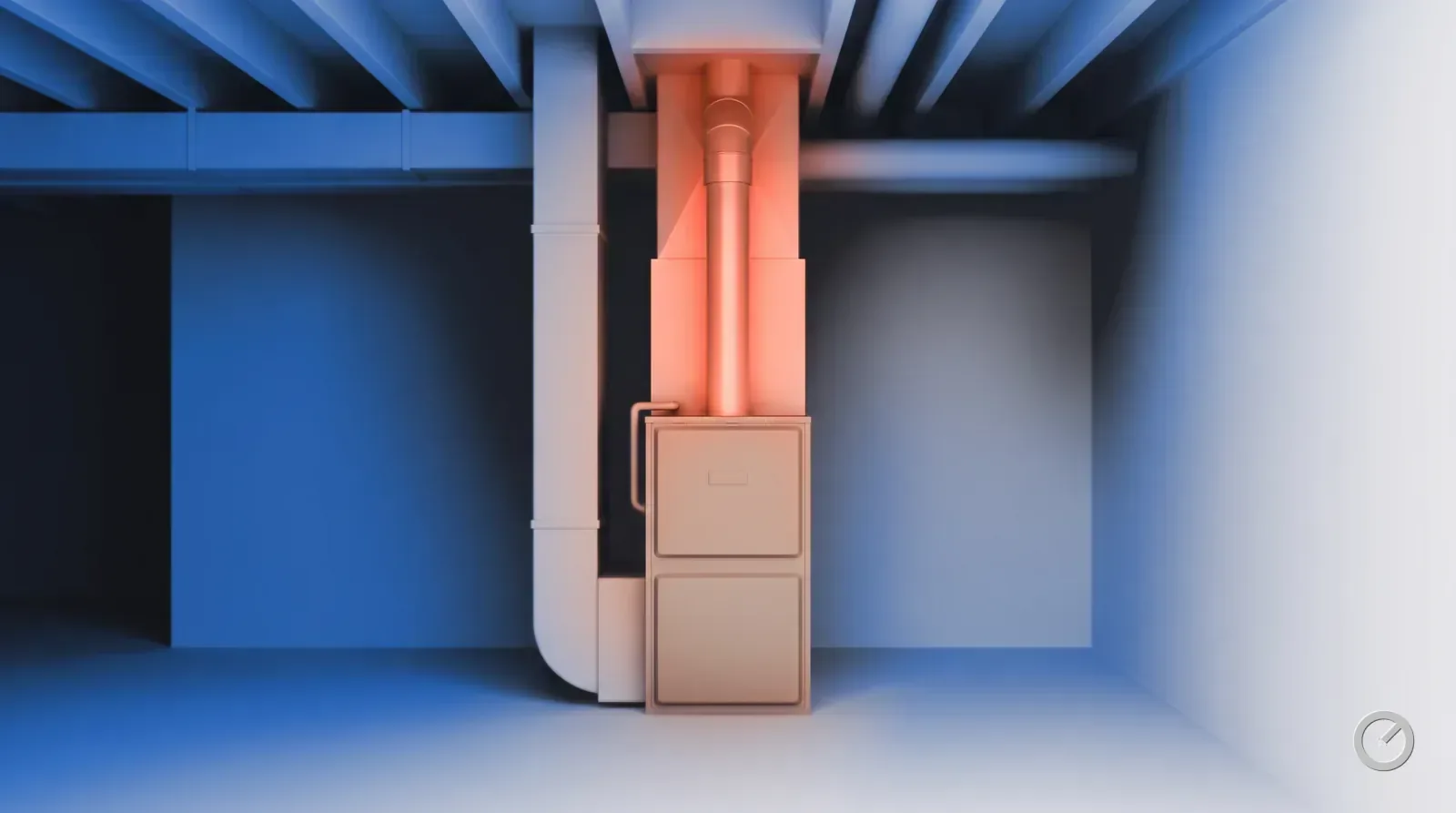 Thermal-toned furnace and flue in a basement