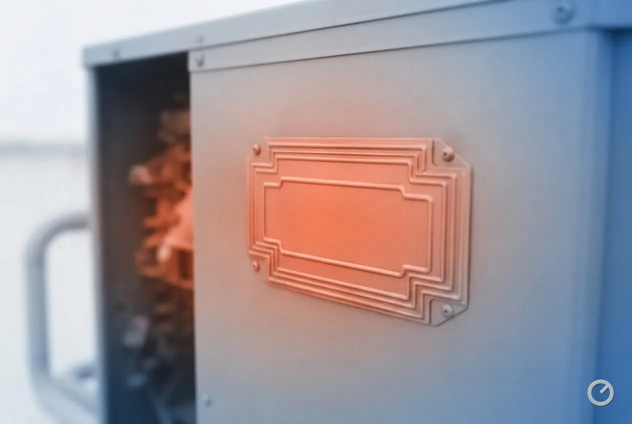 Thermal-toned furnace rating plate riveted to the cabinet, its embossed frame and rivets catching the light
