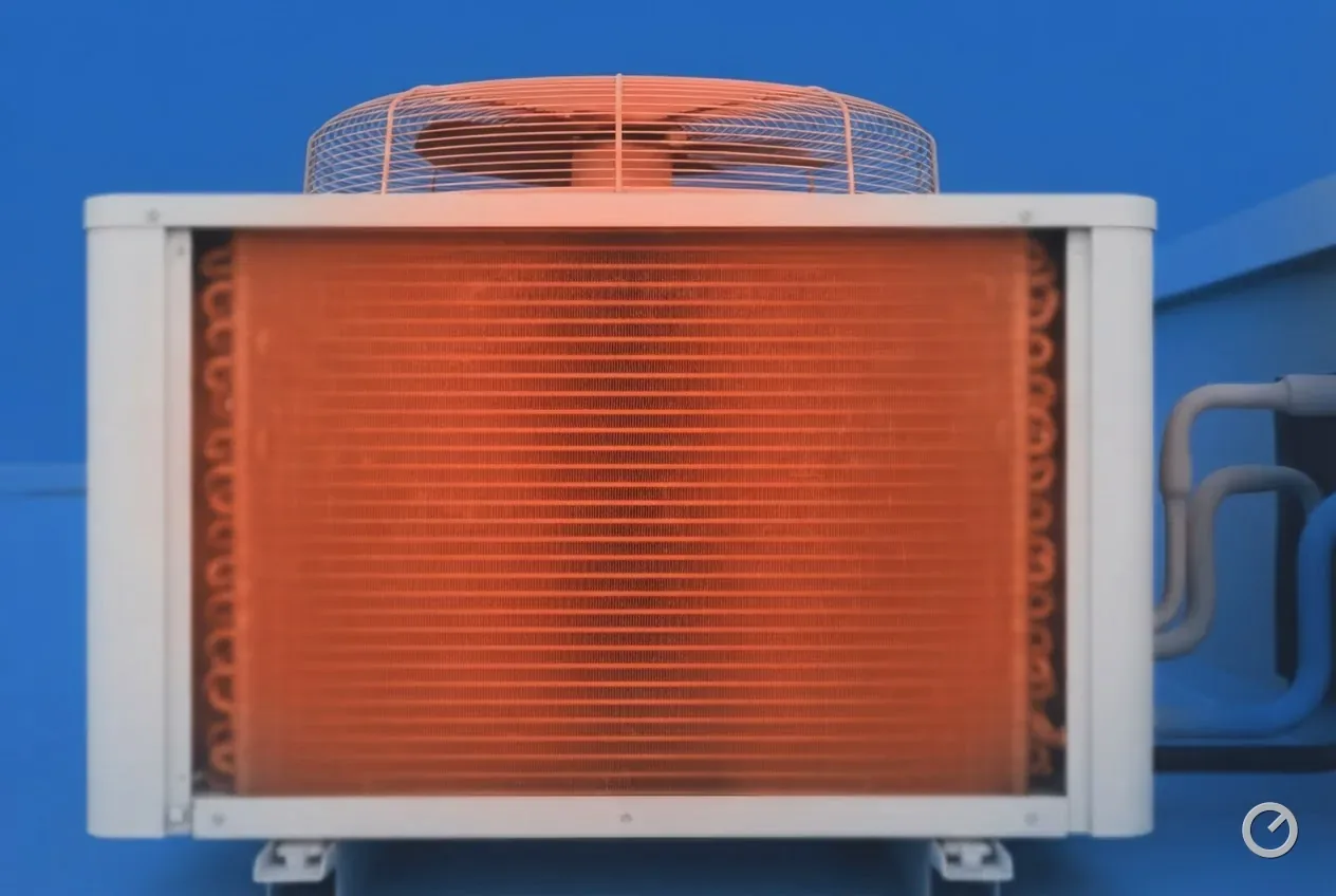 A condenser coil seen square on, warm across its whole face, with the fan guard above it