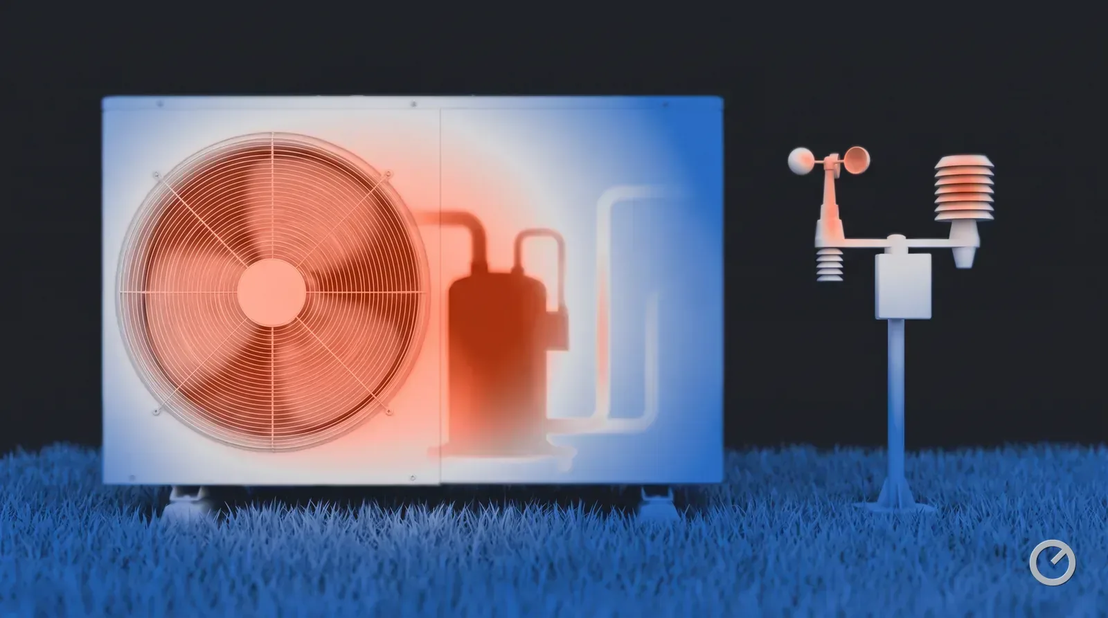 Thermal-toned heat pump beside a weather station