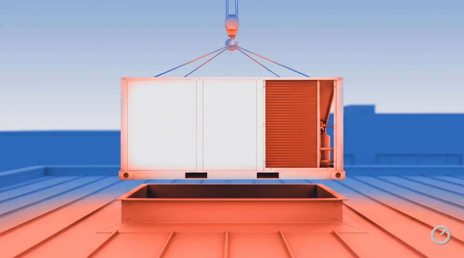 Thermal-toned rooftop unit being set on its curb