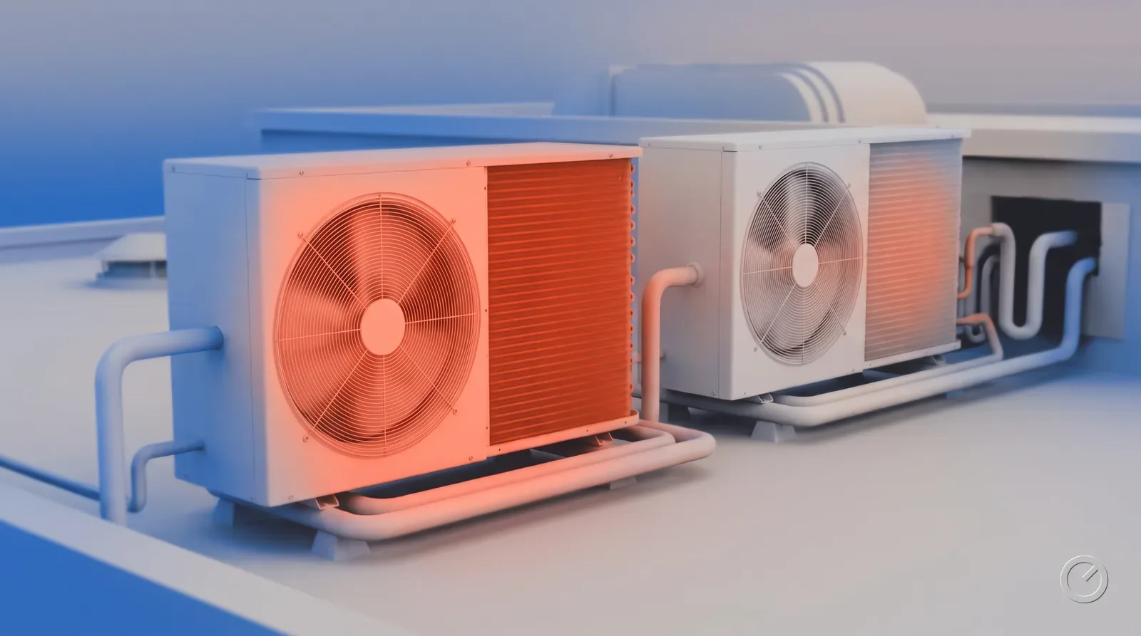 Two same-size condensers on a roof, the left coil glowing hot and the right one barely warm