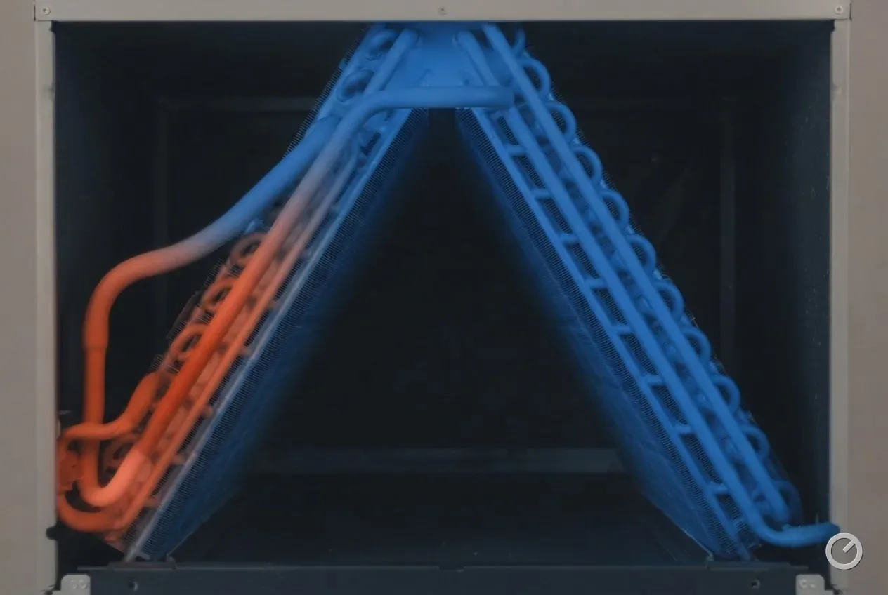 Thermal-toned A-frame evaporator coil, cool-blue fins filling the frame