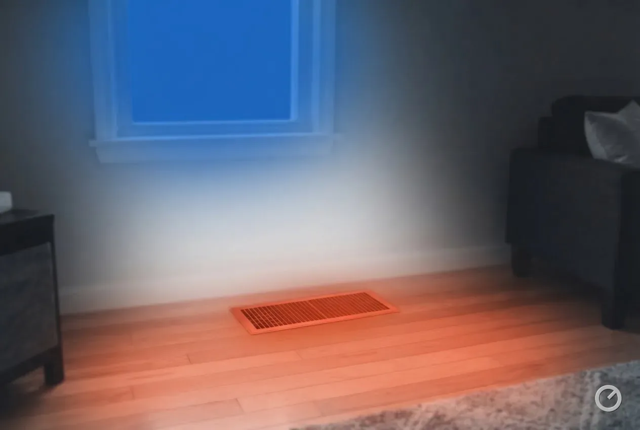 Thermal-toned living room: the window cool blue, the floor supply register and the boards around it warm