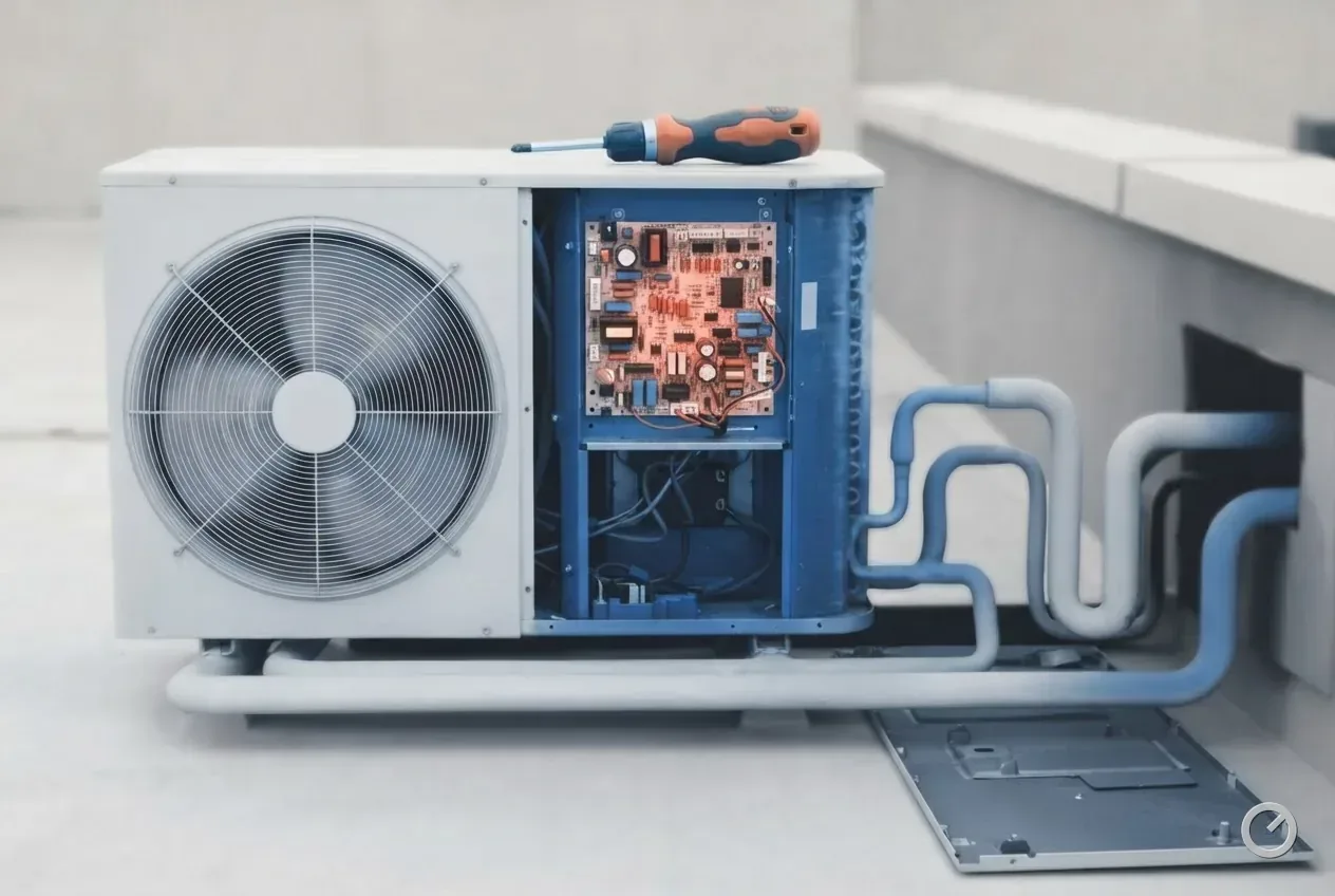 Thermal-toned open service panel on an outdoor unit