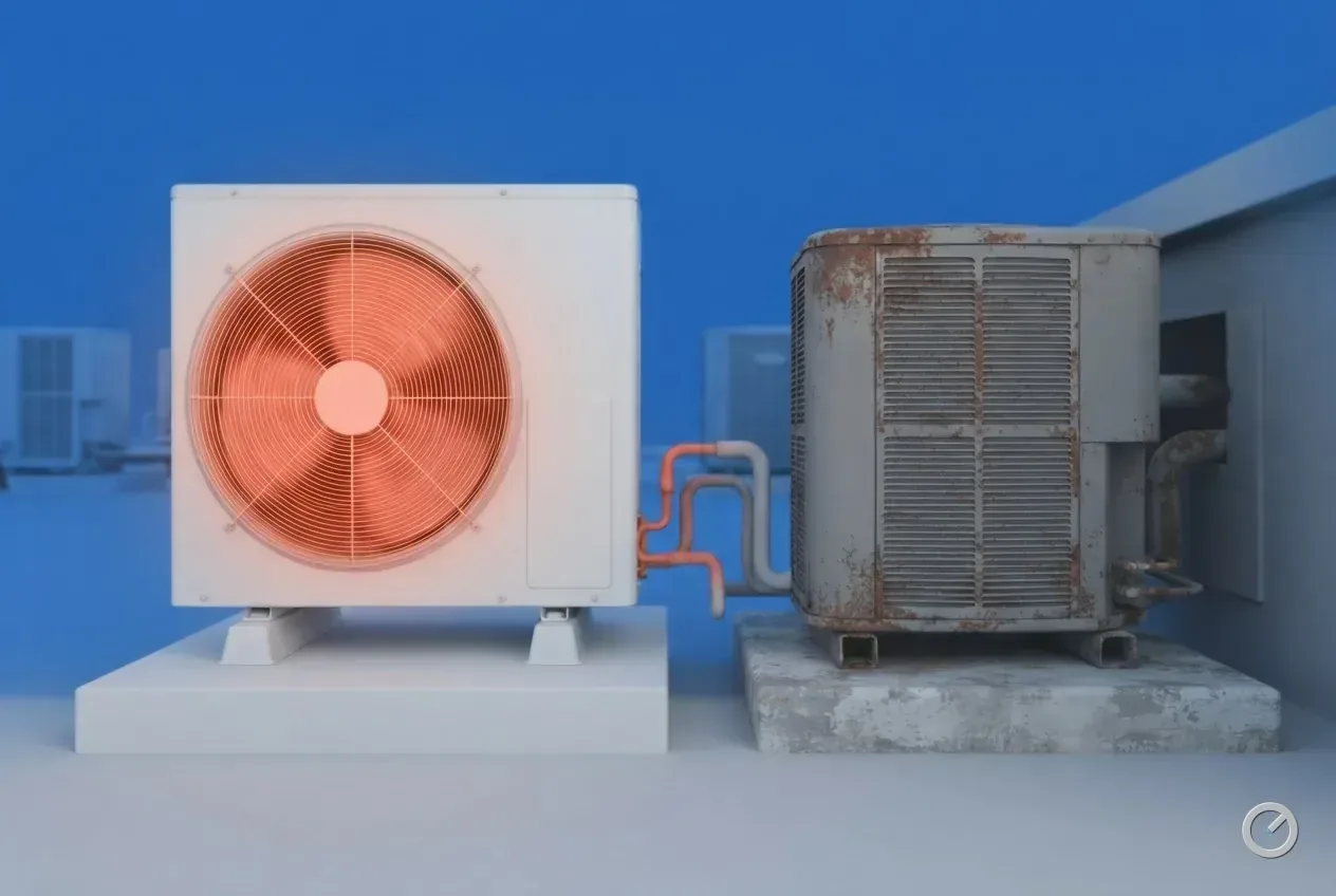 Thermal-toned new condenser beside an old one