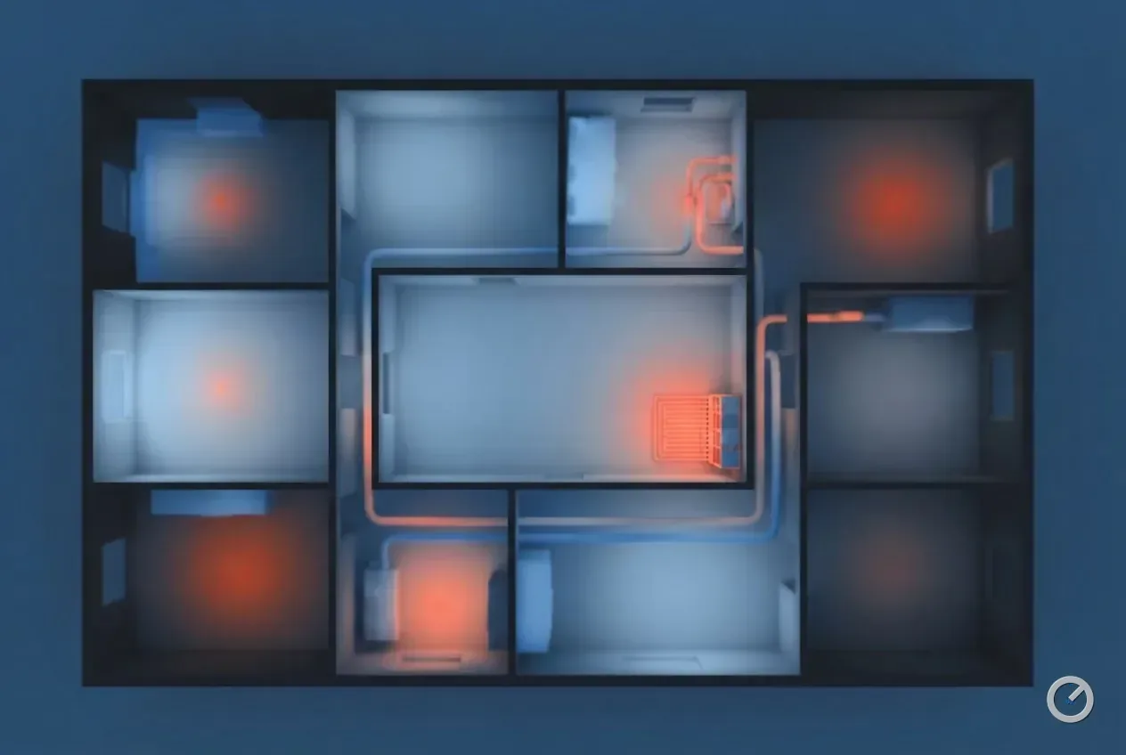 Thermal-toned overhead view of rooms at different loads