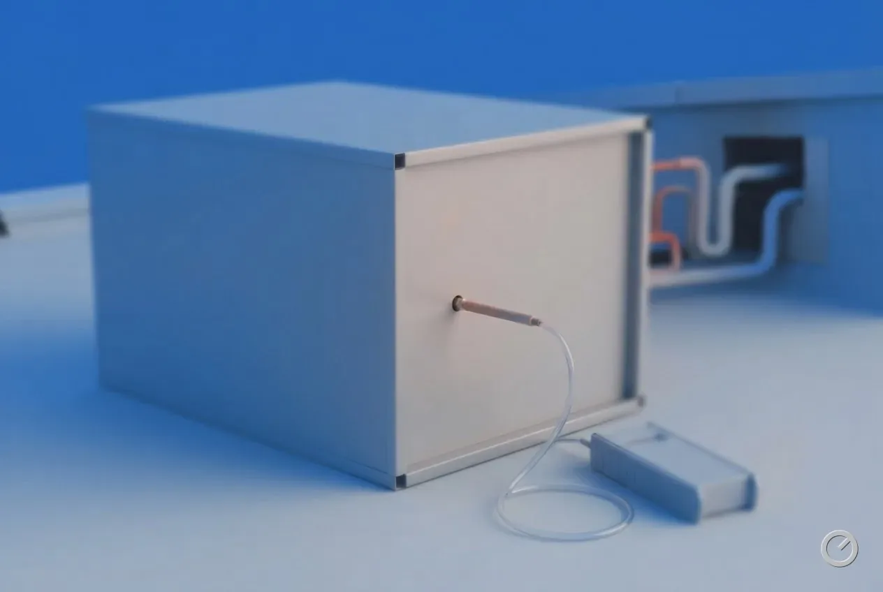 Thermal-toned static-pressure test: a probe entering a test port in a closed supply plenum, tube running to a hand-held meter