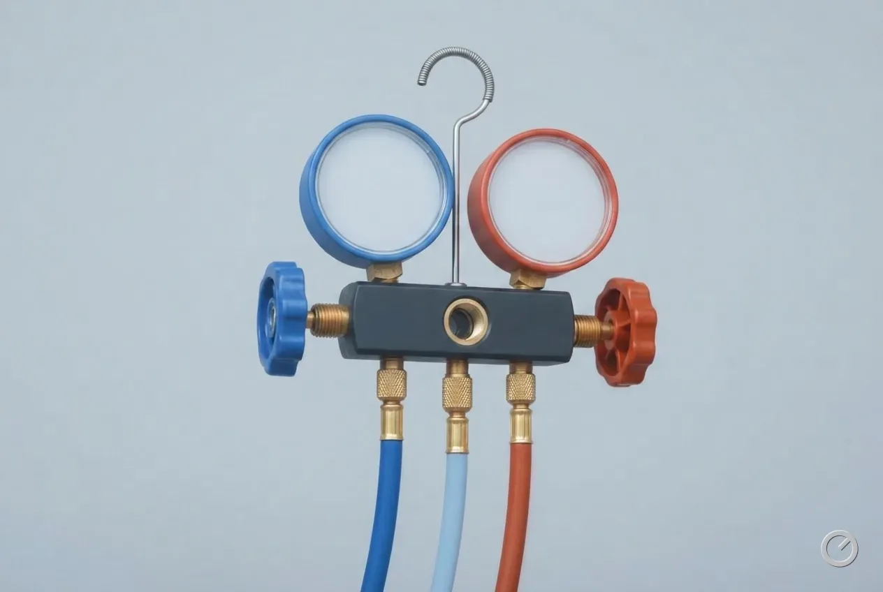 Thermal-toned two-valve refrigerant manifold with its gauges and hoses